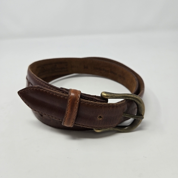 EDDIE BAUER BROWN LEATHER BELT BRASS BUCKLE TWISTED STITCHES MEN SIZE 36 WESTERN - Picture 13 of 15